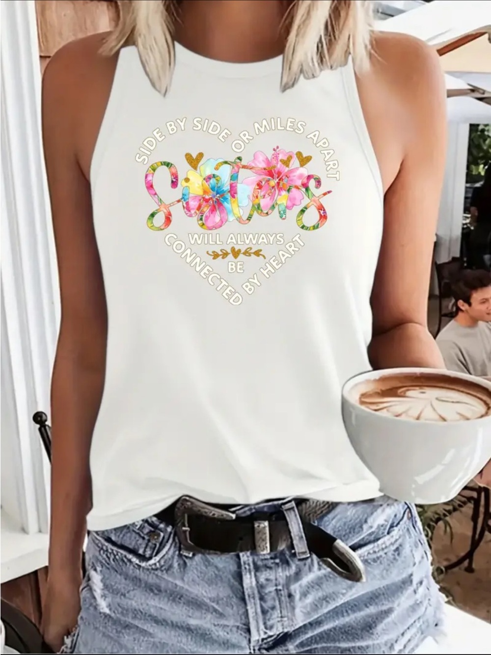 Sisters Floral Heart Graphic Tank Top - White